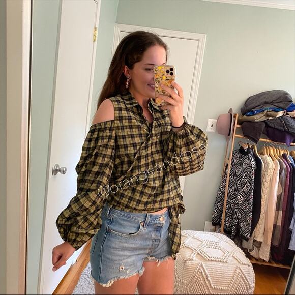 NWT GANNI Green Black Seersucker Wrap Collar Top M - Picture 7 of 14